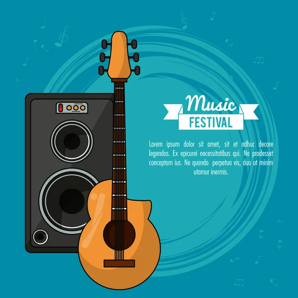 Affiche festival de musique en fond bleu avec guitare et haut-parleur boîte — Image vectorielle