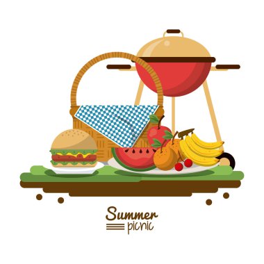 piknik sepeti ve kömür ızgara ile yaz piknik ve yemekleri ile meyve ve burger renkli poster beyaz arka plan