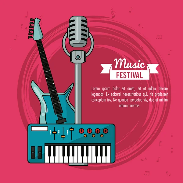 Cartel festival de música en fondo magenta con teclado de guitarra eléctrica y micrófono — Vector de stock