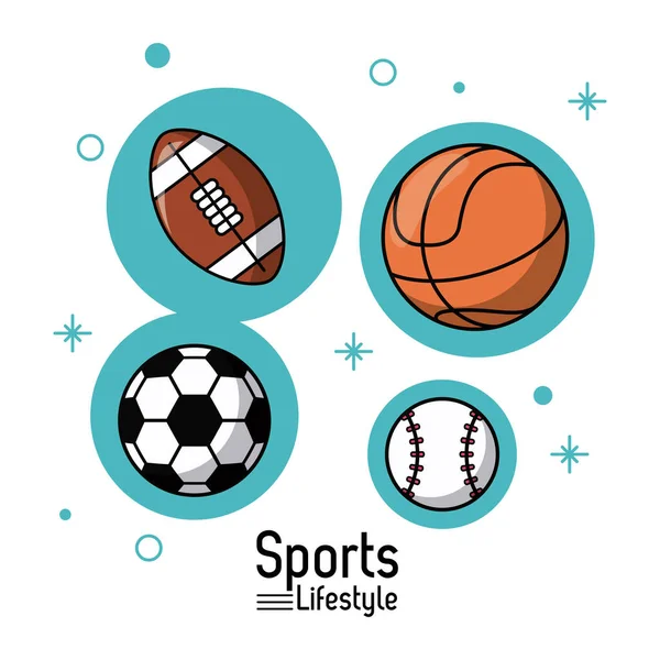 Πολύχρωμη ατμοσφαιρική αφίσα του τρόπου ζωής των σπορ με μπάλες του μπάσκετ και ποδοσφαίρου, ποδόσφαιρο και μπέιζμπολ — Διανυσματικό Αρχείο