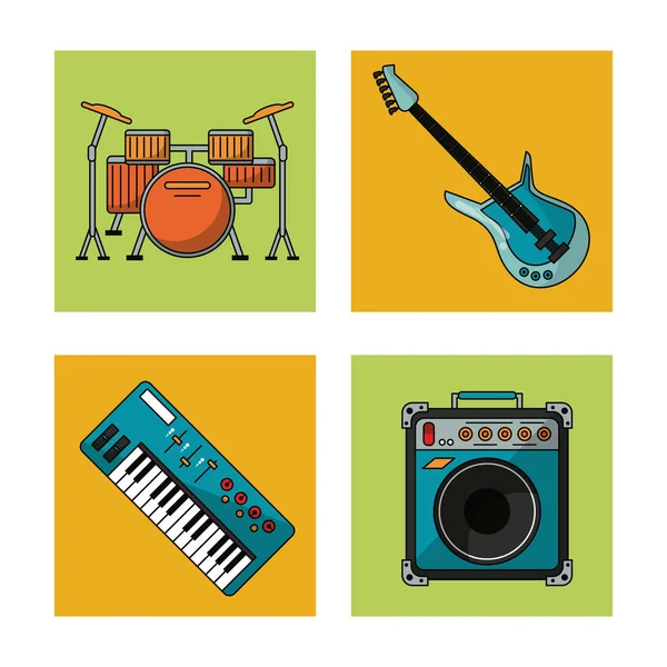 White background with colorful squares with musical instruments — Stock Vector