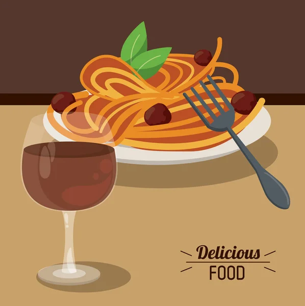 Delicious food spaghetti meatballs and glass cup wine — Stock Vector
