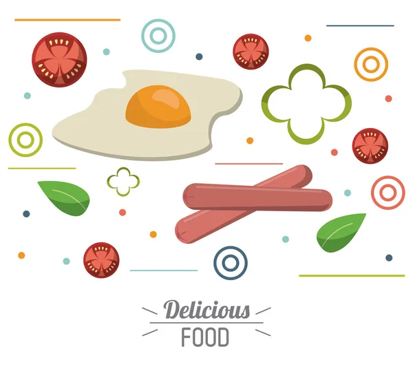 Delicioso afiche de comida huevo salchicha frita tomate — Vector de stock