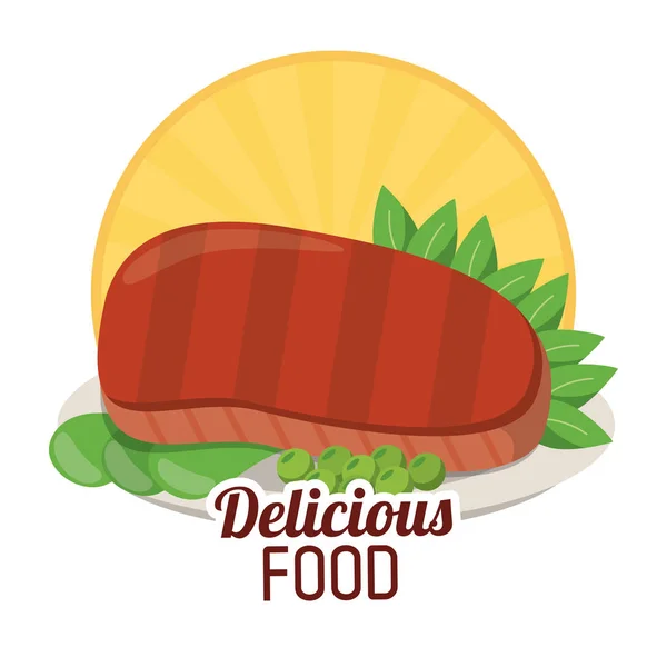 Delicious food beef steak tasty vegetables sticker — Stock Vector