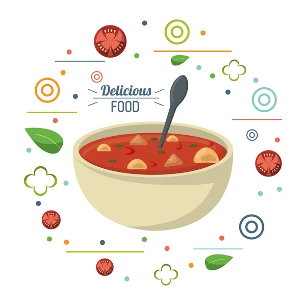 Νόστιμο φαγητό σούπα θρεπτική διατροφή κουτάλι αφίσα — Διανυσματικό Αρχείο