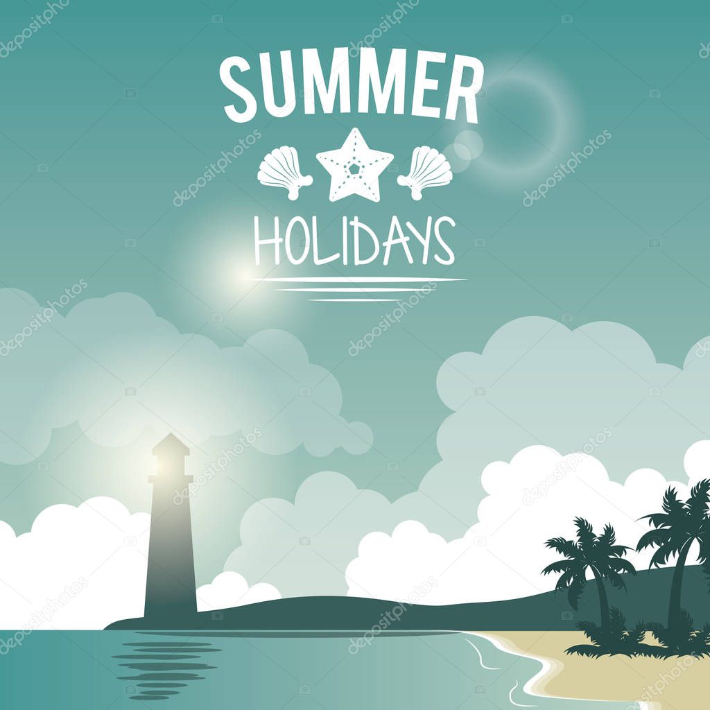 poster seaside with lighthouse and logo summer holidays