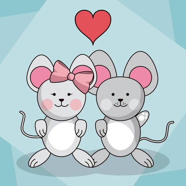 Sevgi dolu çift fareler hayvan bebek kalp dekorasyon — Stok Vektör