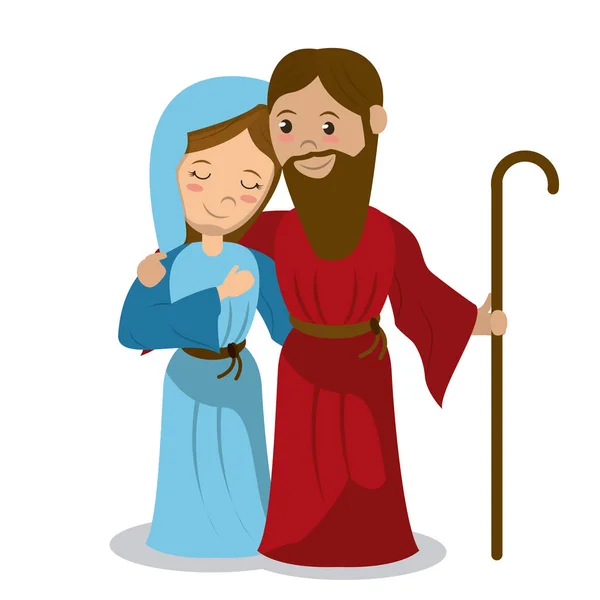 Virgin mary and joseph holding stick hugging — Stock Vector