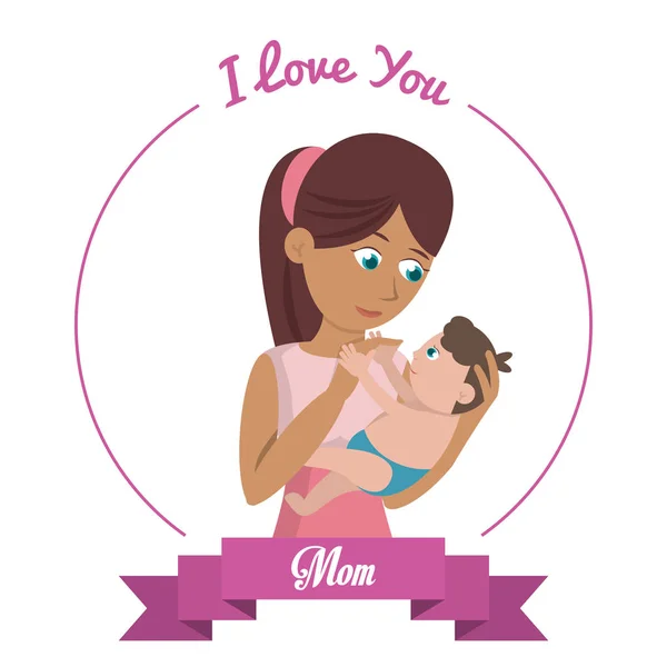 Szeretlek anya kártya nő hordozza baba — Stock Vector