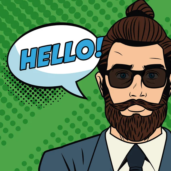 Hipster hombre con speakbox burbuja — Vector de stock