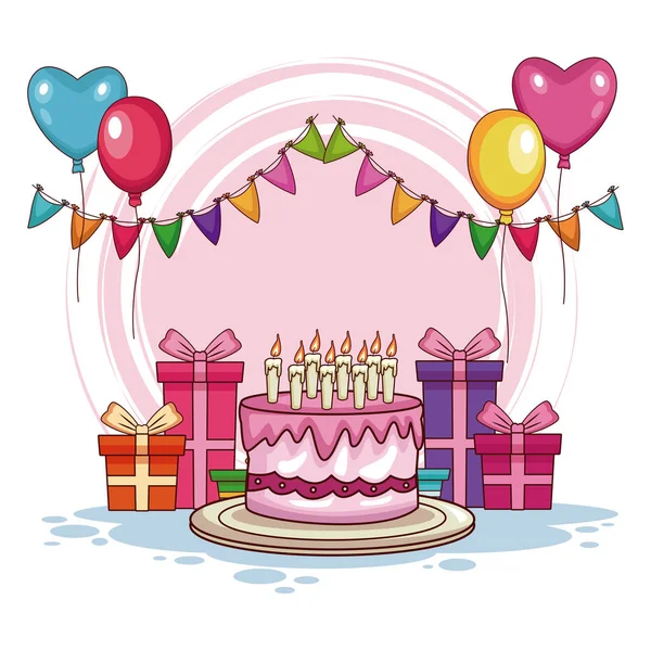 Presentes de aniversário e bolo com balões — Vetor de Stock