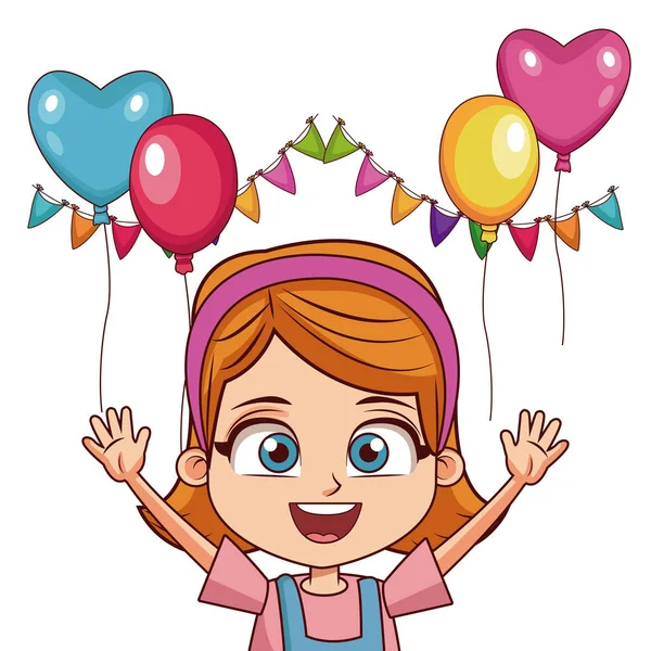 Mädchen zum Geburtstag mit Luftballons und Wimpeln — Stockvektor