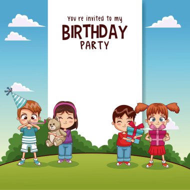 Mutlu doğum günü kartı ile çocuklar ve hediyeler