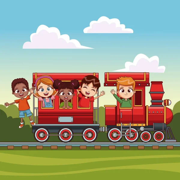 Kids on train over landscape — Stock Vector