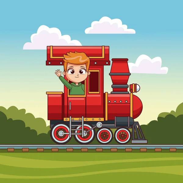 Хлопчик їде в поїзді — стоковий вектор