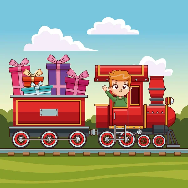 Niños en tren sobre el paisaje — Vector de stock