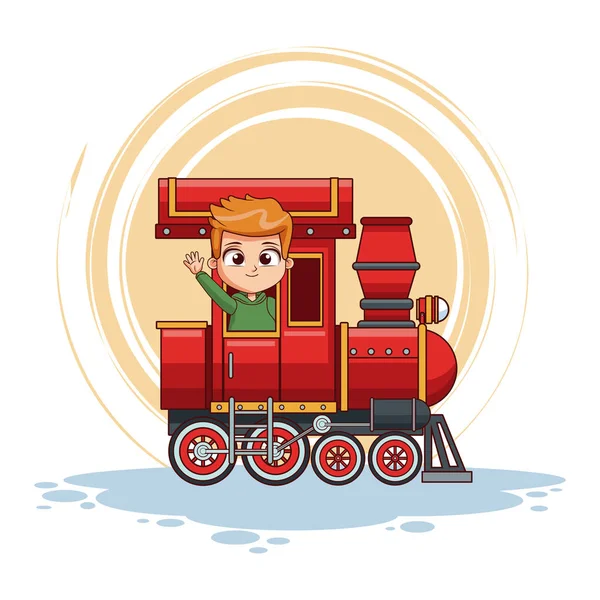 Lindo chico en tren — Vector de stock