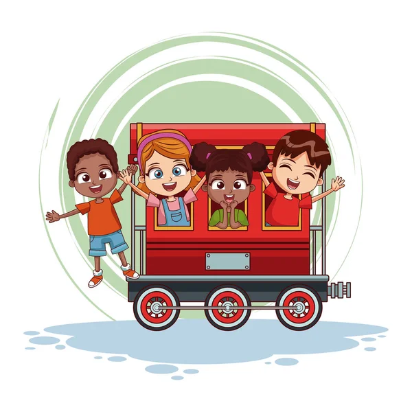 Niños en dibujos animados de tren — Vector de stock