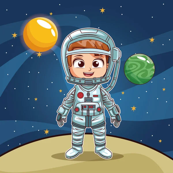 Menina astronauta no planeta desenhos animados — Vetor de Stock