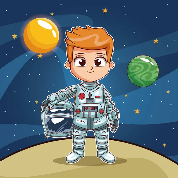 Astronaut pojke på utrymme planet tecknad — Stock vektor