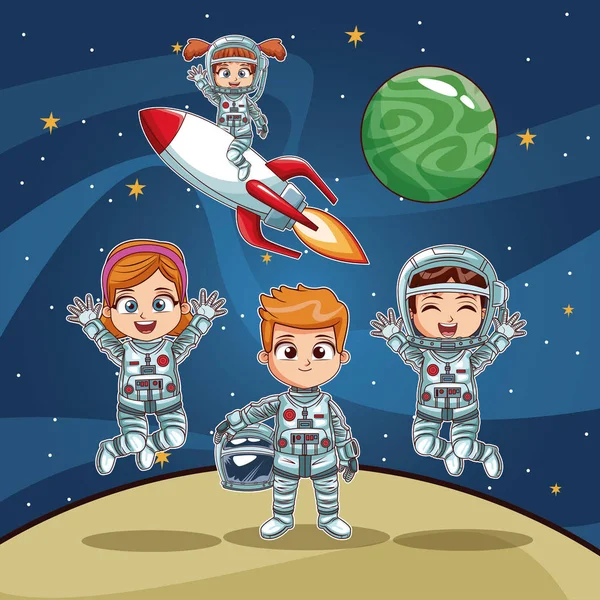 Astronautas crianças no espaço desenhos animados —  Vetores de Stock