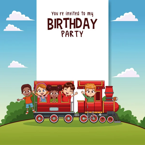 Tarjeta de cumpleaños feliz con niños en tren — Vector de stock