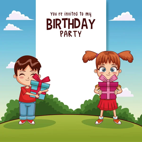 Cartão de aniversário feliz com crianças e presentes —  Vetores de Stock