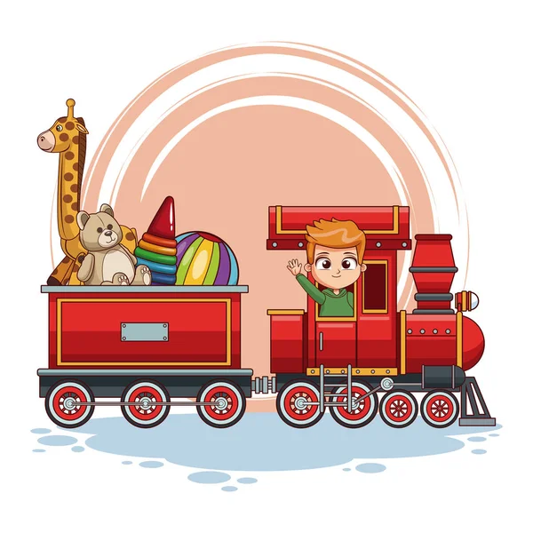 Boy driving train with toys — Stock Vector