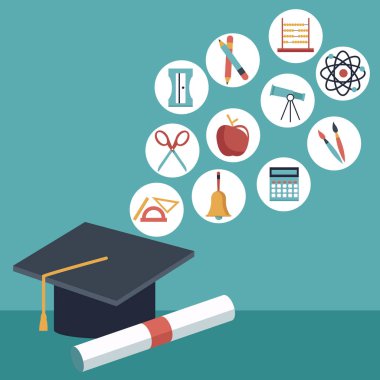 renk closeup mezuniyet kap ile arka plan ve kayan simgeleri akademik öğelerle sertifikalanmış