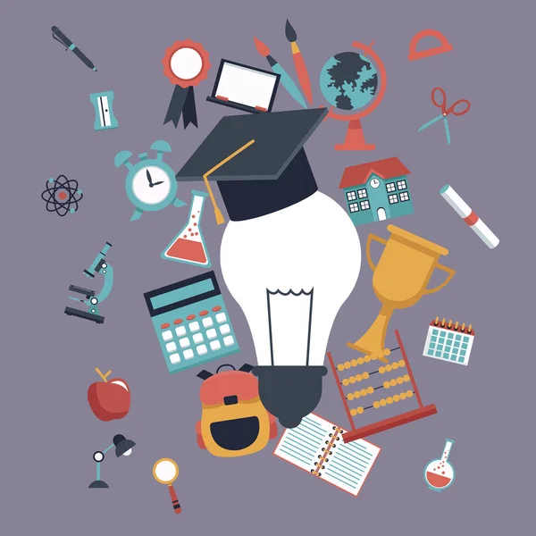 Fond de couleur avec ampoule avec chapeau de graduation et définir les éléments de l'école icônes — Image vectorielle