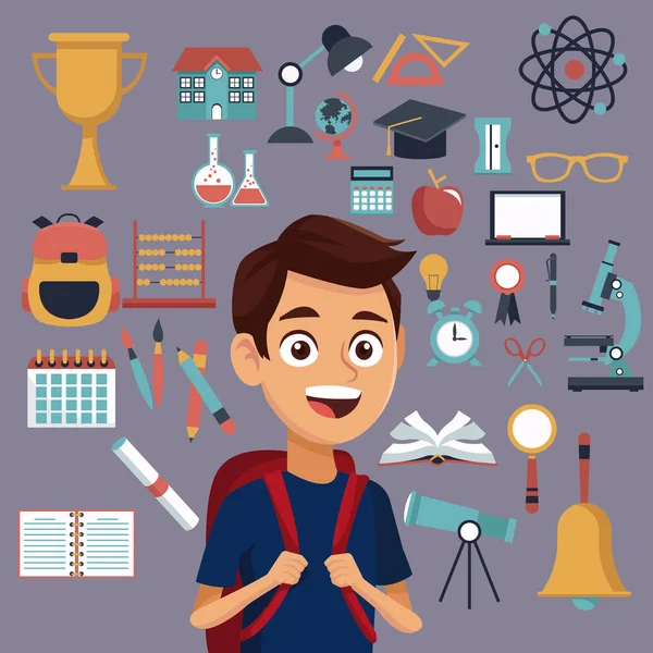 Kleur achtergrond met set school elementen en student met tas — Stockvector