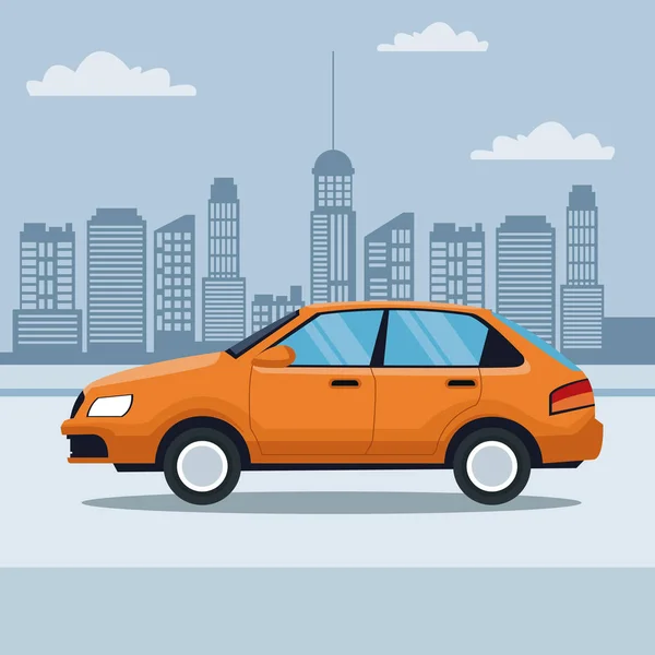 Silueta azul ciudad paisaje fondo de coche clásico en la calle — Vector de stock