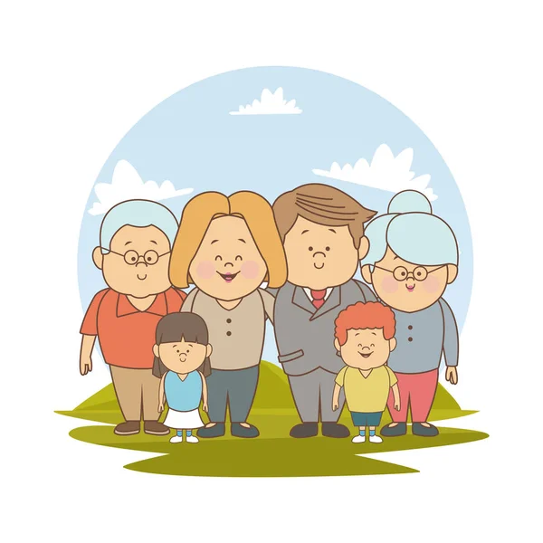 Witte achtergrond met kleur silhouet landschap met grote familie blonded moeder uitvoerende papa en zoontje met grootouders — Stockvector