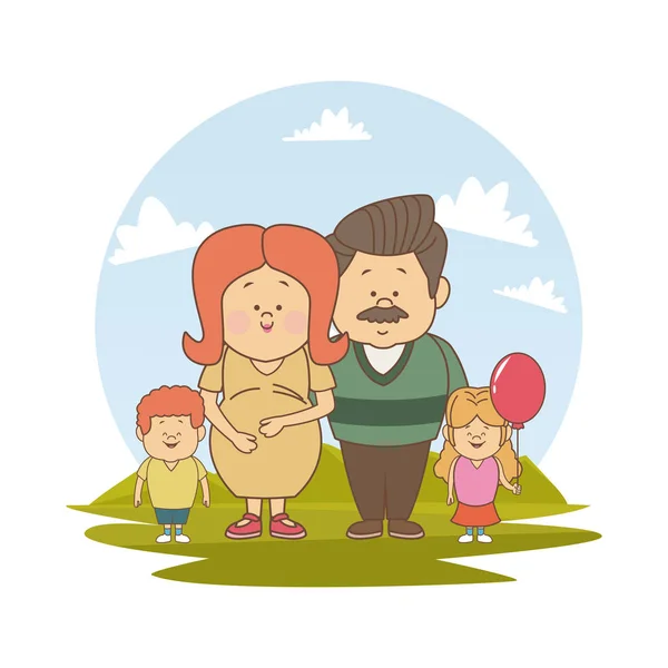 Fondo blanco con silueta de color paisaje con el embarazo mamá viejo padre y niños pequeños — Vector de stock