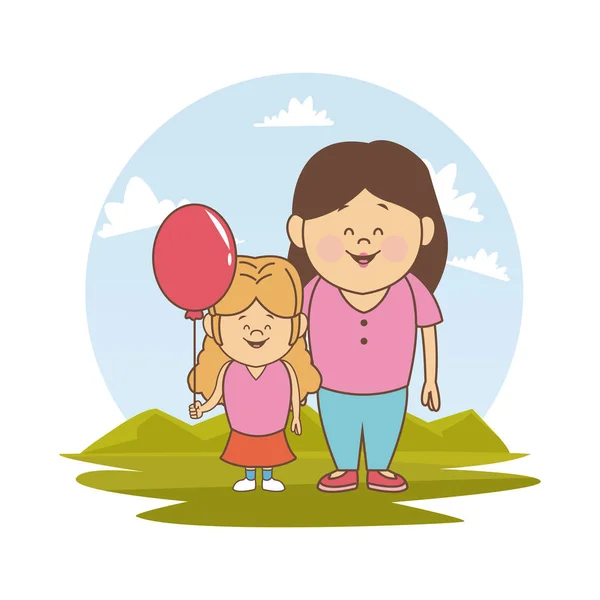 Fond blanc avec couleur silhouette paysage avec mère et petite fille avec ballon — Image vectorielle