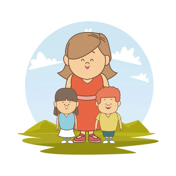 Fondo blanco con silueta de color paisaje con madre y pareja niña y niño — Vector de stock