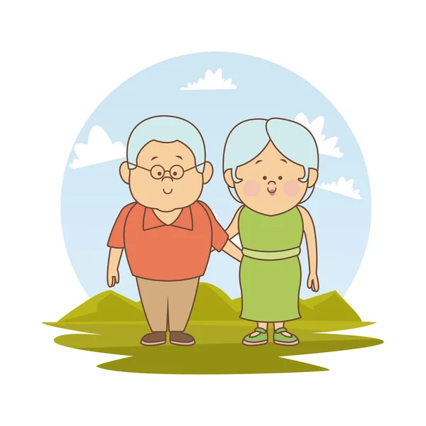 Fondo blanco con silueta de color paisaje con pareja de ancianos abrazado — Vector de stock