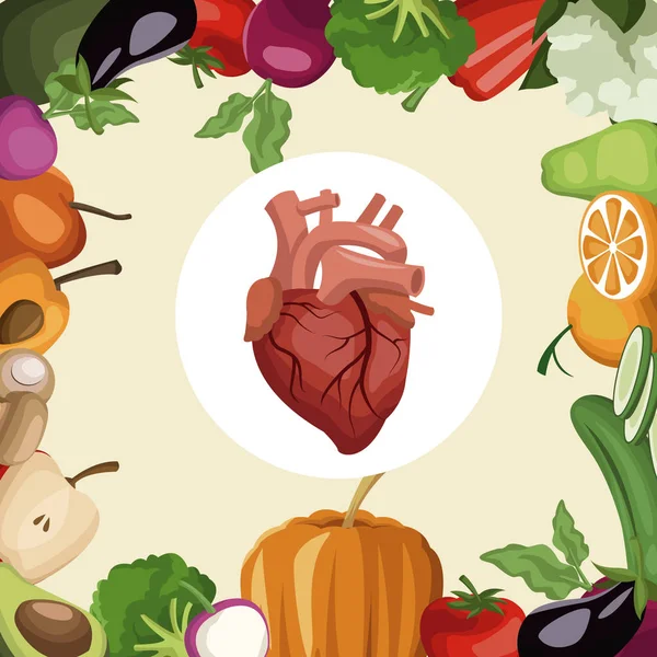 Fondo de color con verduras marco y frutas alimentos saludables para el órgano del corazón — Archivo Imágenes Vectoriales
