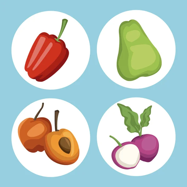 円形フレーム赤ピーマン玉ねぎ nd 果物健康的な食品の色の背景 — ストックベクタ