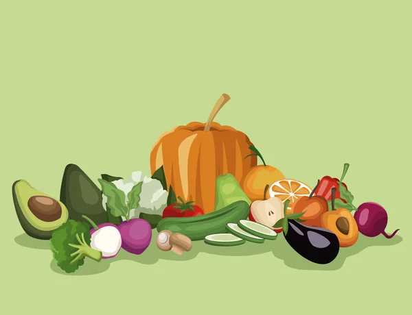 Färg bakgrunden med grönsaker och frukt hälsosam mat — Stock vektor