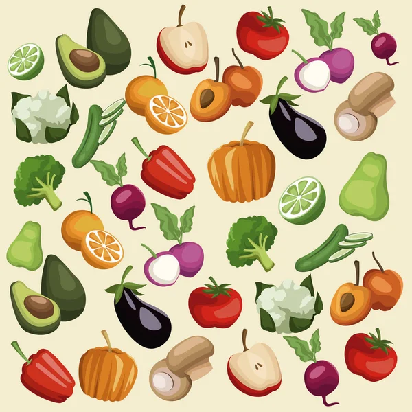 Fondo de color con patrón de verduras y frutas conjunto de alimentos saludables — Vector de stock
