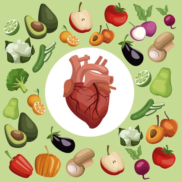 Fondo de color con patrón de verduras y frutas alimentos saludables conjunto con el órgano del corazón marco circular en el centro — Archivo Imágenes Vectoriales