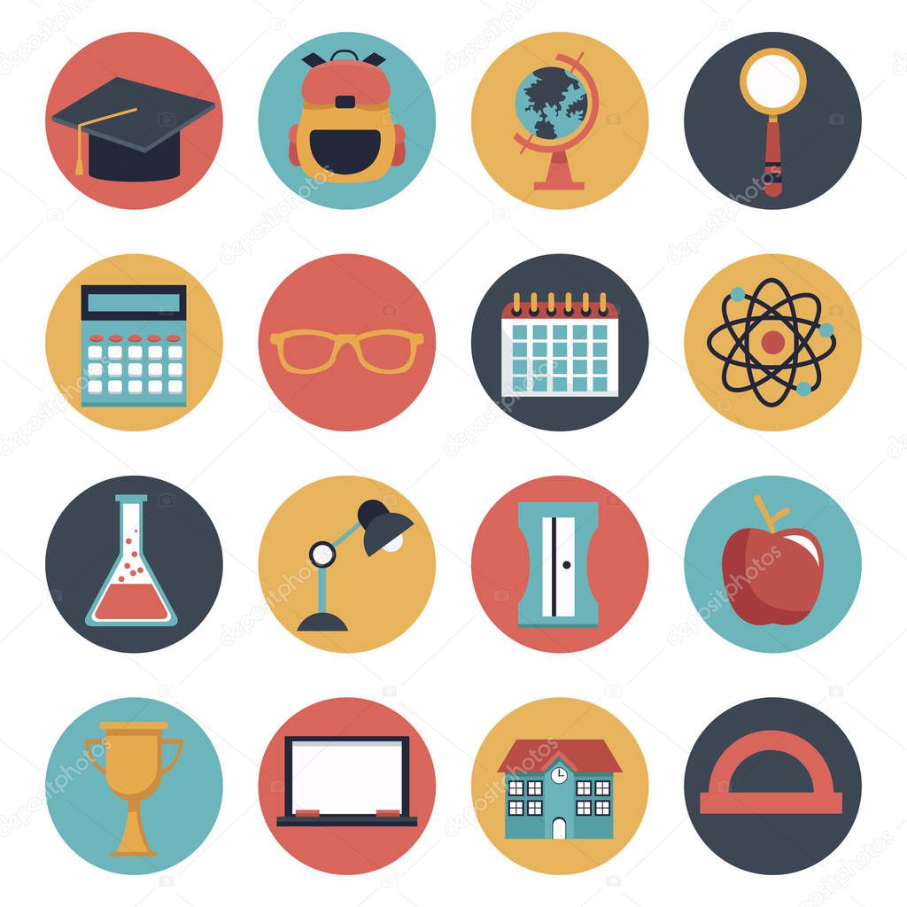 white background with set of colorful circular frame icons school elements