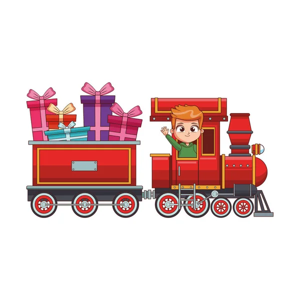 Cute boy in train with gifts cartoon — Stock Vector