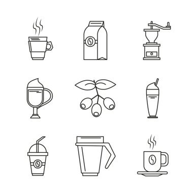 Beyaz arka plan ile içecekler veya kahve ile öğeleri tek renkli siluetleri
