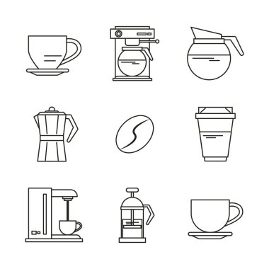 Beyaz arka plan siyah siluetler içecekler veya kahve ile öğeleri ile