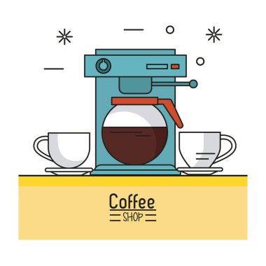 coffee shop kahve makinesi ve iki porselen bardak renkli poster