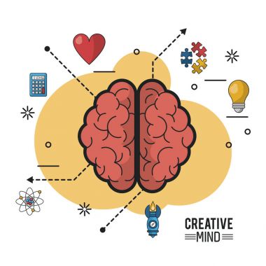 yaratıcı zihin renkli poster onun iki hemisferlerin ve simgeleri beyin en iyi manzarasına sahip