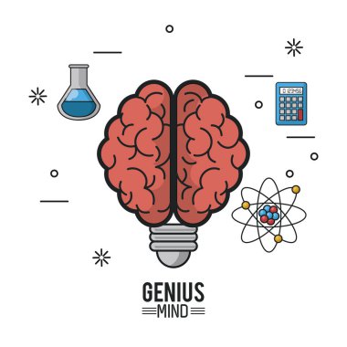 Akıllı ampul soketi ve tüp ve atom ve hesap makinesi simgeleri ile dahi aklın renkli poster