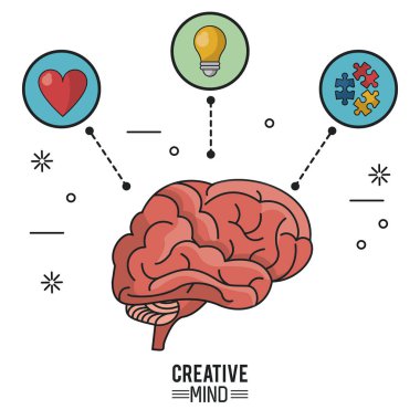 beyin ve kalp ve ampul ve puzzle parçaları simgeleri ile yaratıcı aklın renkli poster